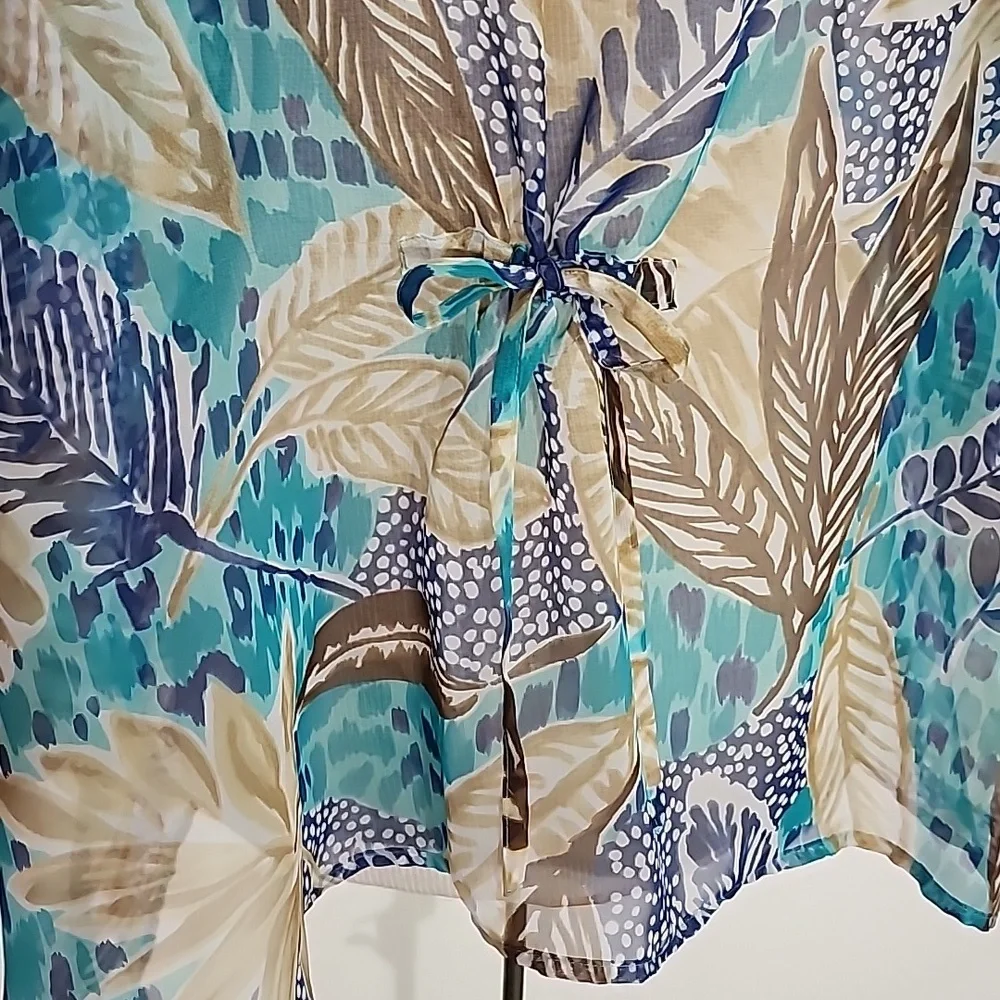 Bon Worth Kimono Semi Sheer Tropical Leaf Detail Aqua Size L